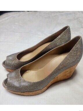 Stuart Weitzman Silver Glitter Peep-Toe Cork Wedges